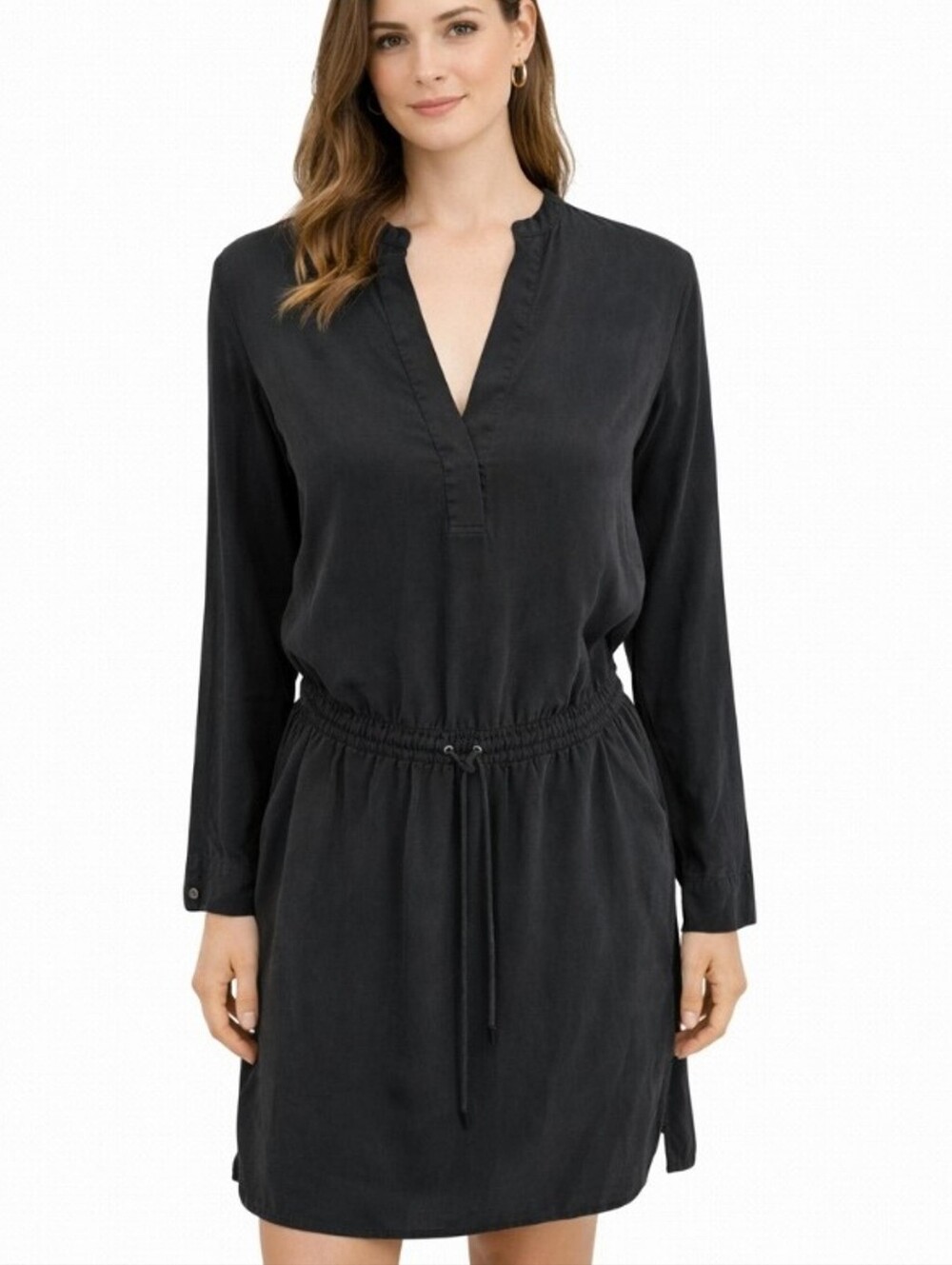 Vince Utility Lyocell Mini Dress Black Roll Tab Sleeves Size L